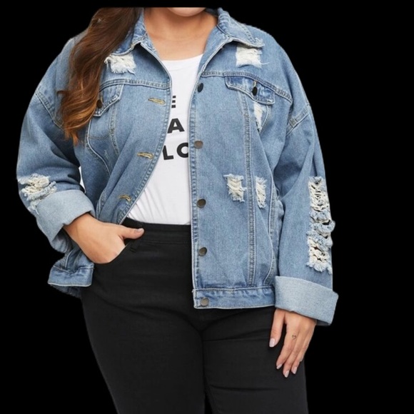PLUS ripped destroyed blue denim jeans jacket - Picture 2 of 5